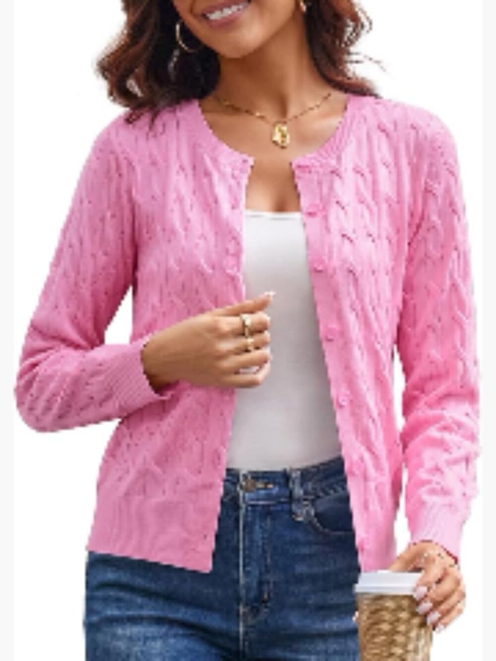 Long Sleeve Button Up Cable Knit Cardigan Lightweight Crewneck